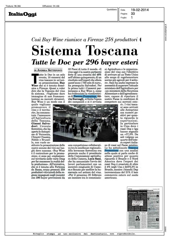 Cos Buy Wine riunisce a Firenze 258 produttori - Sistema Toscana tutte le DOC per 296 buyer esteri