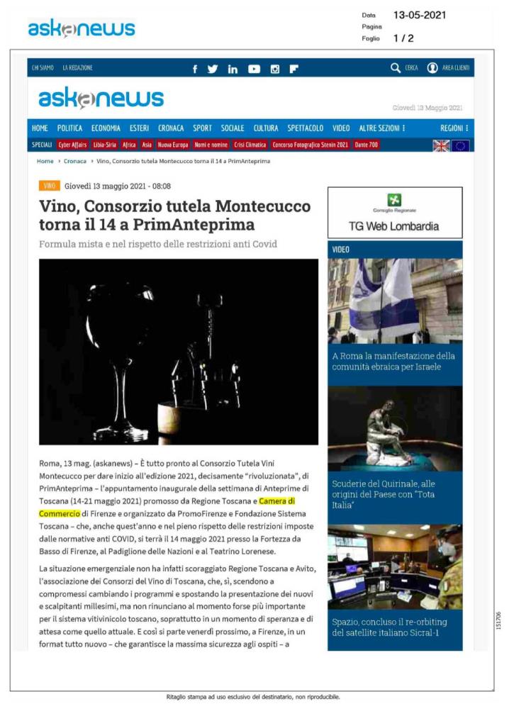 Vino, Consorzio tutela Montecucco torna il 14 a PrimAnteprima