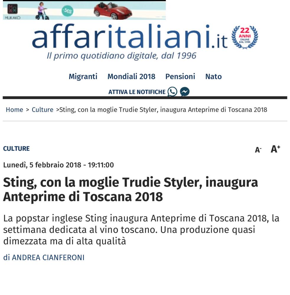 Sting, con la moglie Trudie Styler, inaugura Anteprime di Toscana 2018