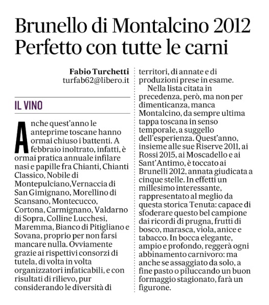 Brunello di Montalcino 2012. Perfetto con tutte le carni