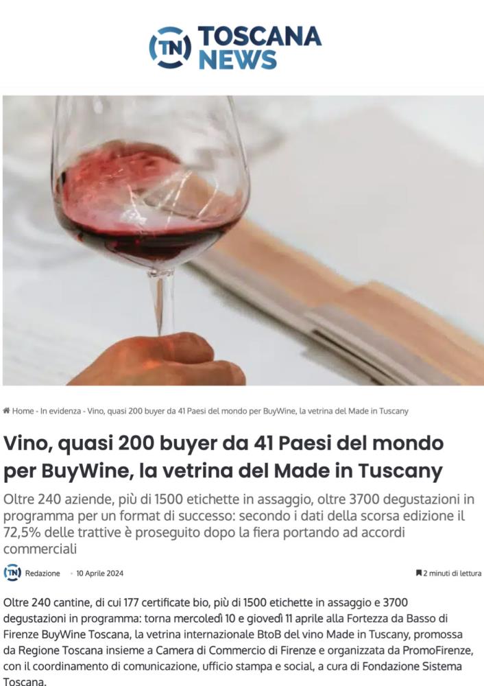 Vino, quasi 200 buyer da 41 paesi nel mondo per BuyWine, la vetrina del Made in Tuscany